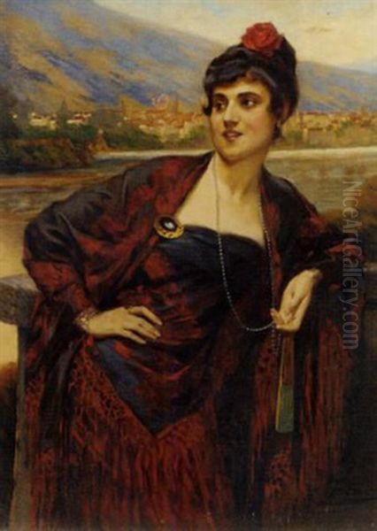 Portrait Of A Lady Standing On A Balcony, A Continental Town Beyond - view 1