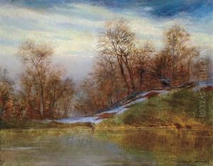 Snowy Riverside by Jeno Szepesi-Kuszka