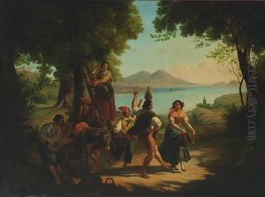 Tanzende Landleute An Der Bucht Von Neapel by Geza Szilassy