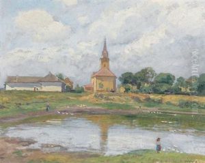 Teichpartie Mit Blick Auf Ein Dorf by Lajos Szlanyi