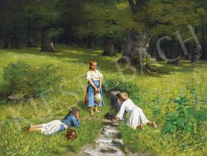 At The Forest (children At The Spring) by Mihaly Szobonya