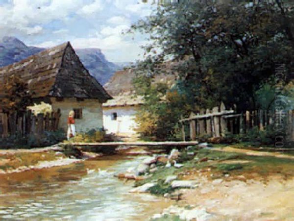 A Woman By A River, Mountain Landscape Beyond - view 1