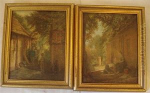 Figures Seated In A Shady Courtyard (pair) by Jacob Taanmann