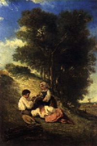 Drei Kinder Mit Vogelkafig Am Hang by Francois Germain Leopold Tabar(t)