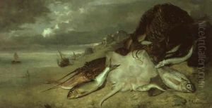 Nature Morte Aux Poissons Renvers,s Sur Une Plage