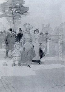 Ladies Strolling On A Quay Along The Seine by Emile Tabouret