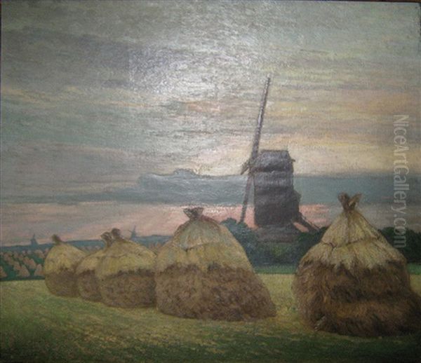 Molen En Korenschoven In Een Zomerlandschap - view 1