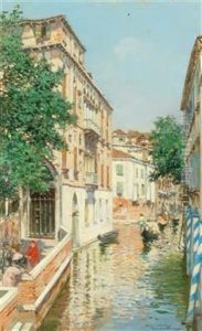 Gondolas On A Venetian Canal by Raffaele Tafuri