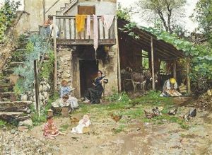 Family In The Farmyard by Raffaele Tafuri