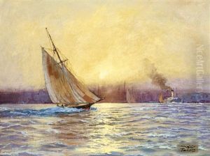 Sailing Boat On Bosporus, With Istanbul In The Background by Diyarbakirli Tahsin
