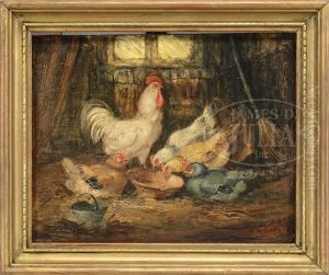 Rooster And Chickens In Barn Interior by Arthur Fitzwilliam Tait