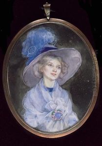 A Lady, Wearing Blue Hat Adorned With An Ostrich Feather, Blue Dress And Matching Robe And Floral Brooch by Bess Norriss Tait