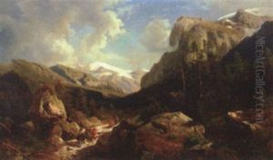 Cattle Drovers In An Extensive Mountain Landscape