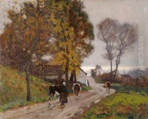 The Way Home, A Milkmaid And Cattle On A Farm Lane The Way Home, A Milkmaid And Cattle On A Farm Lane