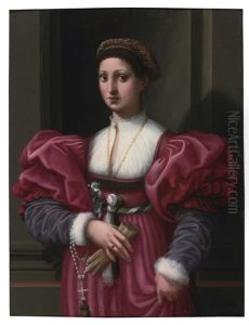 Portrait Of A Lady In A Crimson Dress by Vincenzo Tamagni Da San Gimignano