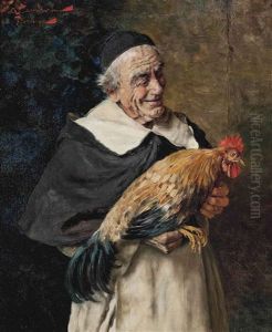 A Monk Holding A Cockerel