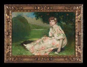 Portrait Of A Young Woman In A Spring Dress Seated In A Landscape, Under A Flowering Tree Portrait Of A Young Woman In A Spring Dress Seated In A Landscape, Under A Flowering Tree