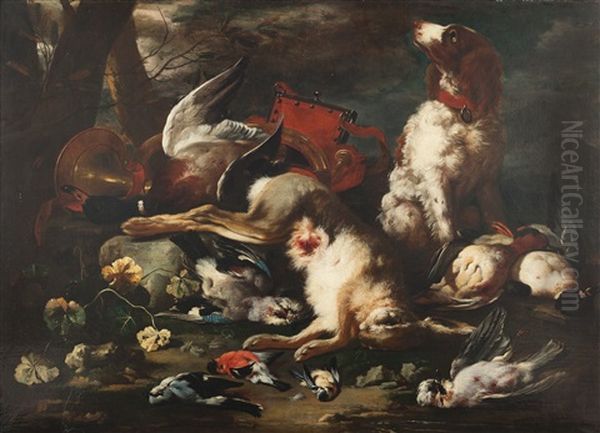 Still Life With Hunting Trophies, A Young Dog And A Red Powder Bag - view 1