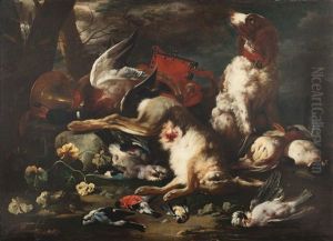 Still Life With Hunting Trophies, A Young Dog And A Red Powder Bag by Franz Werner von Tamm