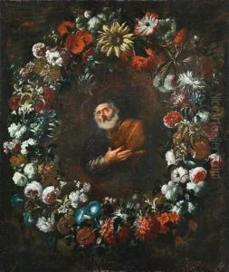 A Garland Of Flowers With Carnations, Roses And A Sunflower, With An Added Central Cartouche Depicting The Penitent Saint Peter