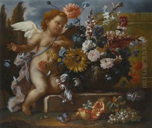 Still Life Of Flowers In An Urn With A Putto On A Stone Ledge