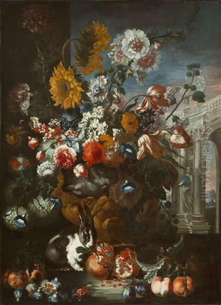 Still Life With Rabbit, Flowers And Fruits, Before An Arcade by Franz Werner von Tamm