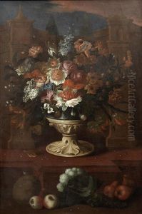 A Still Life Of Flowers In An Urn With Fruit And Flowers On A Ledge Below by Franz Werner von Tamm