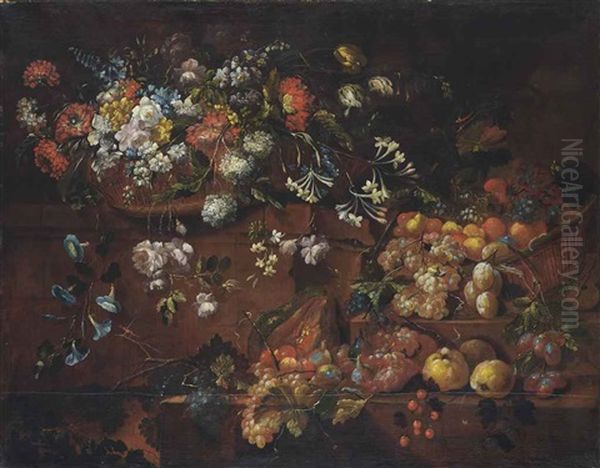 Peonies, Carnations, Roses, Hydrangeas, Tulips, Morning Glory And Other Flowers In A Wicker Basket On A Stone Ledge, With Plums, Grapes, Lemons And Other Fruit In A Wicker Basket With Grapes, Plums, A Gourd, Figs, Lemons, Strawberries, Blackberries On Sto - view 1
