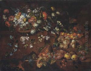 Peonies, Carnations, Roses, Hydrangeas, Tulips, Morning Glory And Other Flowers In A Wicker Basket On A Stone Ledge, With Plums, Grapes, Lemons And Other Fruit In A Wicker Basket With Grapes, Plums, A Gourd, Figs, Lemons, Strawberries, Blackberries On Sto by Franz Werner von Tamm