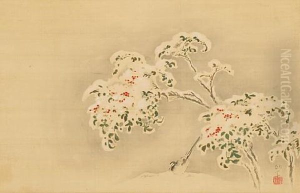 Wagtail And Nandina In Snow - view 1
