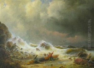Schiffbruchiger Seemann Bei Unwetter An Felsiger Kuste Bei Wrackteilen Und Vor Gischtenden Wogen by Heinrich Friedrich Tank