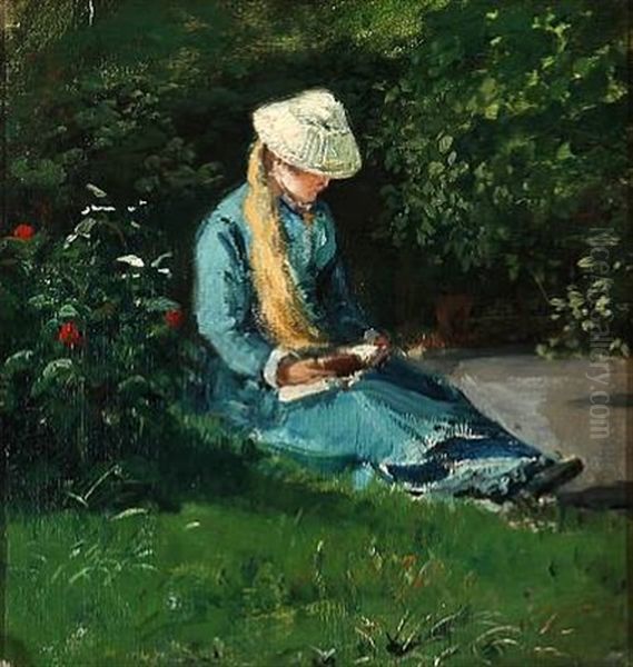 A Young Girl Reading In A Garden - view 1
