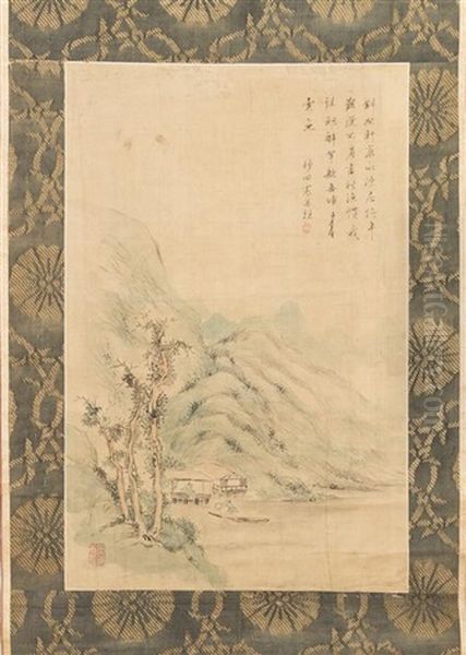 Two Figures In A Lakeside Mountainous Landscape - view 1
