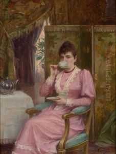 Dame Buvant Une Tasse De The Dans Un Interieur by Henri Adriene Tanoux