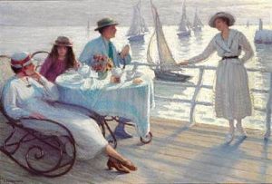 Elegant People In Summer Dresses Drinking Tea On The Pier