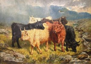"highland Cattle By A Stream With Hills Rising In Background" by Edward R. Breach