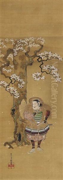 Kojima Takanori In Rustung Mit Strohumhang, Reisehut Und Pinsel Hat Ein Gedicht Auf Den Stamm Eines Bluhenden Kirschbaums Geschrieben - view 1