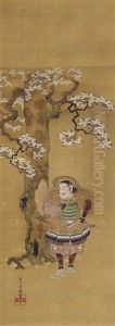Kojima Takanori In Rustung Mit Strohumhang, Reisehut Und Pinsel Hat Ein Gedicht Auf Den Stamm Eines Bluhenden Kirschbaums Geschrieben