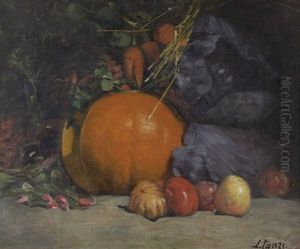 Fruchtestilleben Mit Kurbis. Kurbis, Ruben, Roter Kohl Und Obst