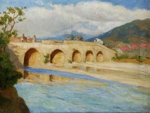 Caravane Traversant Un Gue Sur Fond D'atlas by Edmond Tapissier