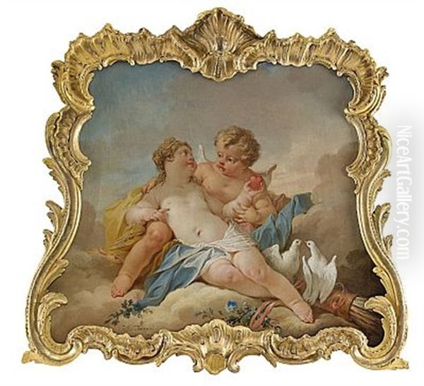 Allegori Over Karleken - Motiv Med Amor Och Flicka Hallande Ett Hjarta, Turturduvor Och Karlekens Pilar I Koger - Kartuschformat Dorroverstycke - view 1