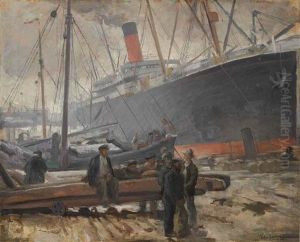 Oceanliner And Dockers In Liverpool by Victor Francois Tardieu