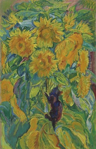 Sunflowers With Kitten - view 1