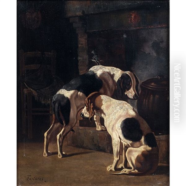 Chiens De Chasse Devant La Cheminee - view 1