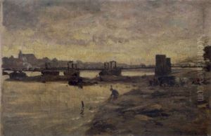 Niederdeutsche Stadt Am Fluss, Im Vordergrund Bauer Mit Pferdewagen by Ignatius Taschner