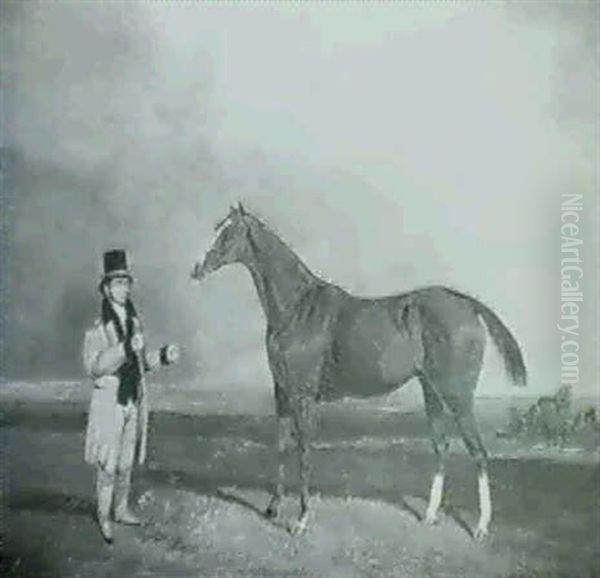 A Chestnut Hunter With Groom In A Landscape - view 1