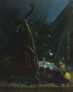Still Life With Grapes, Glass Caraffe, Plant And A Sculpture by Jules Tasquin