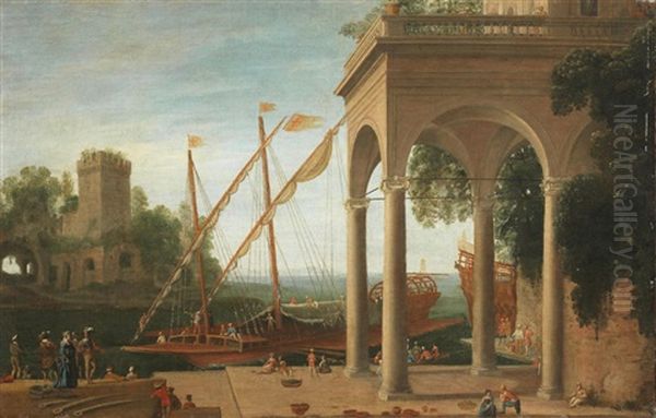 A Mediterranean Port With Stevedores Loading Barges - view 1