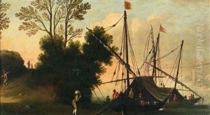 A Coastal Landscape With Boats And Figures by Agostino Tassi