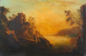 A Mediterranean Harbour Scene With Figures Fishing by Agostino Tassi